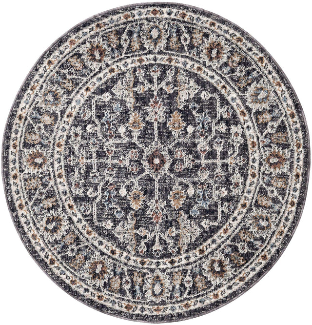 Charcoal Gray 3' 3 x 3' 3 Eco Traditional Round Area Rug 100% Recycled Space Dyed Polyester With Cotton Backing Classic Pattern Carpet for Living, Dining, Office Space for Sale at Rug Engine