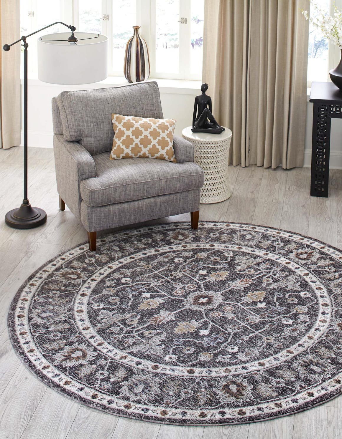 Charcoal Gray 7' x 7' Eco Traditional Round Area Rug 100% Recycled Space Dyed Polyester With Cotton Backing Classic Pattern Carpet for Living, Dining, Office Space for Sale at Rug Engine