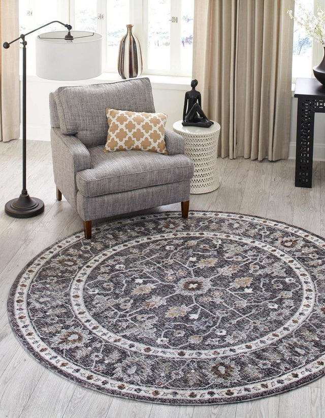 Charcoal Gray 7' x 7' Eco Traditional Round Area Rug 100% Recycled Space Dyed Polyester With Cotton Backing Classic Pattern Carpet for Living, Dining, Office Space for Sale at Rug Engine