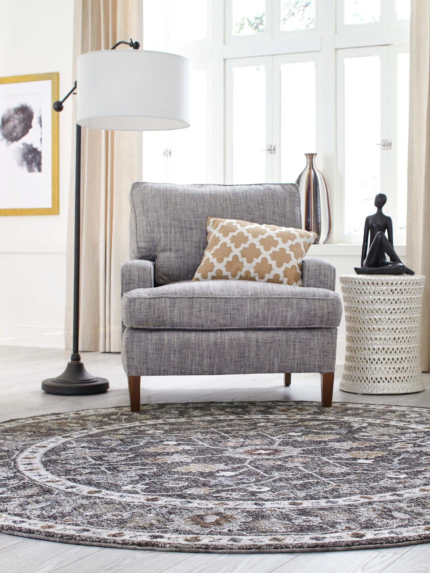 Charcoal Gray 7' x 7' Eco Traditional Round Area Rug 100% Recycled Space Dyed Polyester With Cotton Backing Classic Pattern Carpet for Living, Dining, Office Space for Sale at Rug Engine
