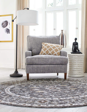 Charcoal Gray 7' x 7' Eco Traditional Round Area Rug 100% Recycled Space Dyed Polyester With Cotton Backing Classic Pattern Carpet for Living, Dining, Office Space for Sale at Rug Engine