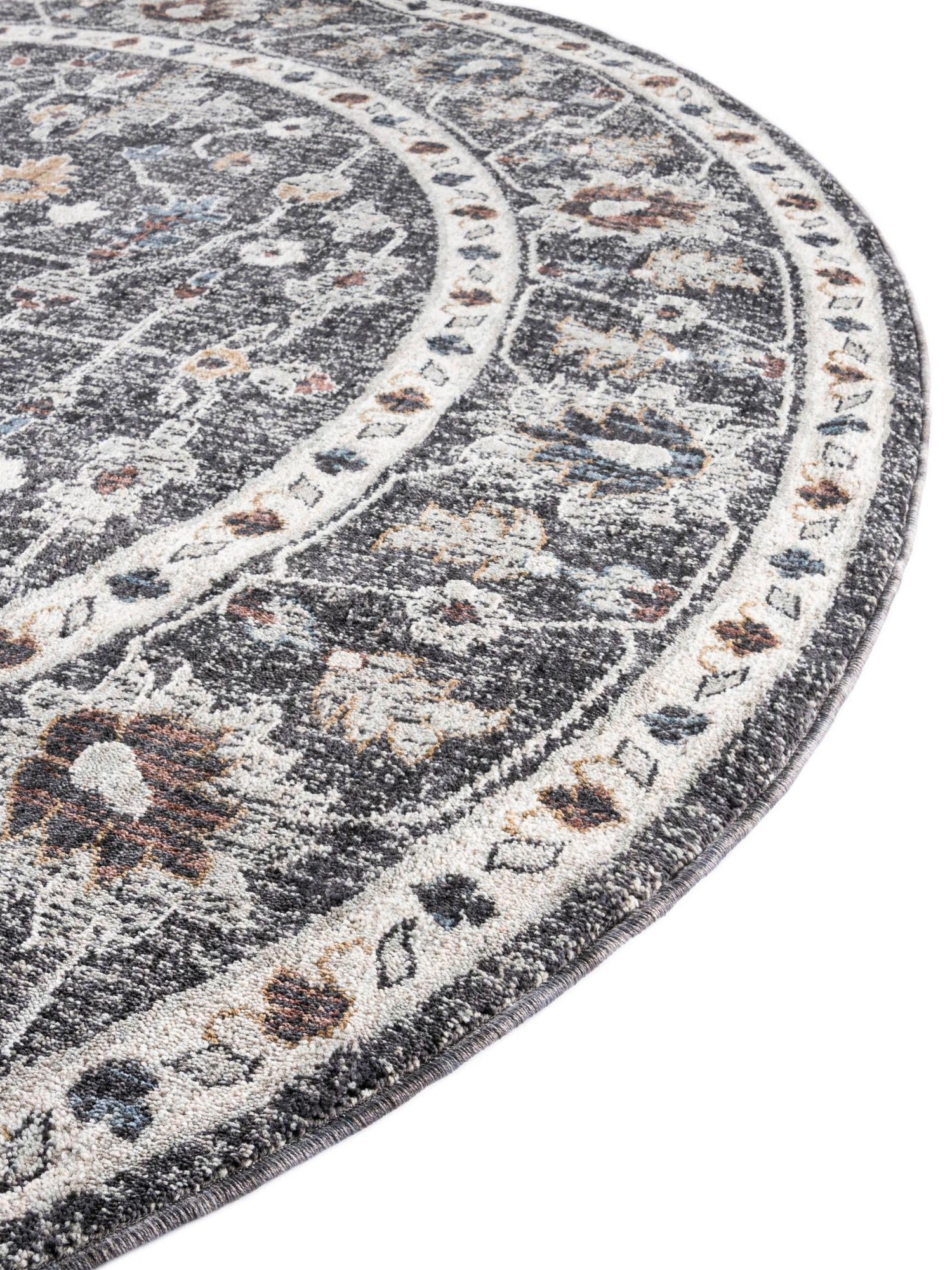 Charcoal Gray 7' x 7' Eco Traditional Round Area Rug 100% Recycled Space Dyed Polyester With Cotton Backing Classic Pattern Carpet for Living, Dining, Office Space for Sale at Rug Engine