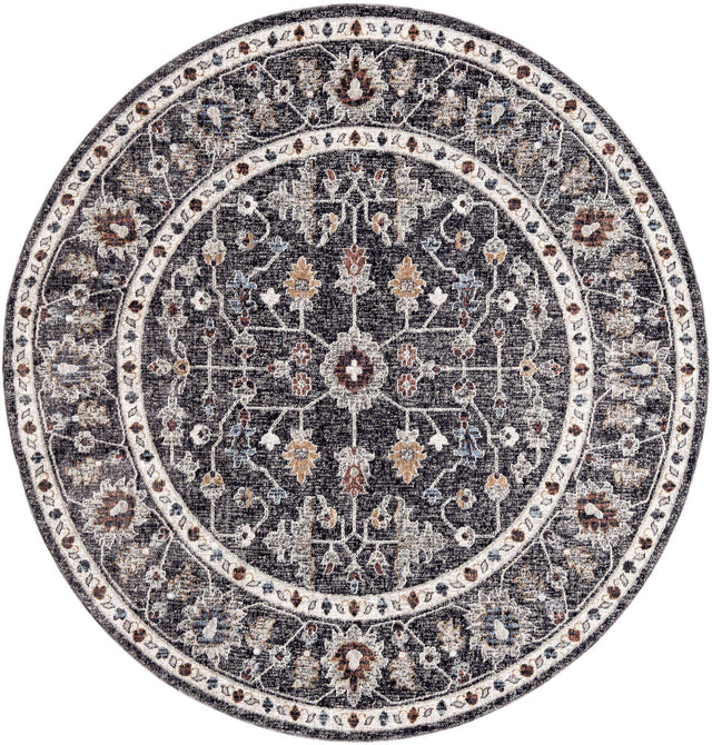 Charcoal Gray 7' x 7' Eco Traditional Round Area Rug 100% Recycled Space Dyed Polyester With Cotton Backing Classic Pattern Carpet for Living, Dining, Office Space for Sale at Rug Engine