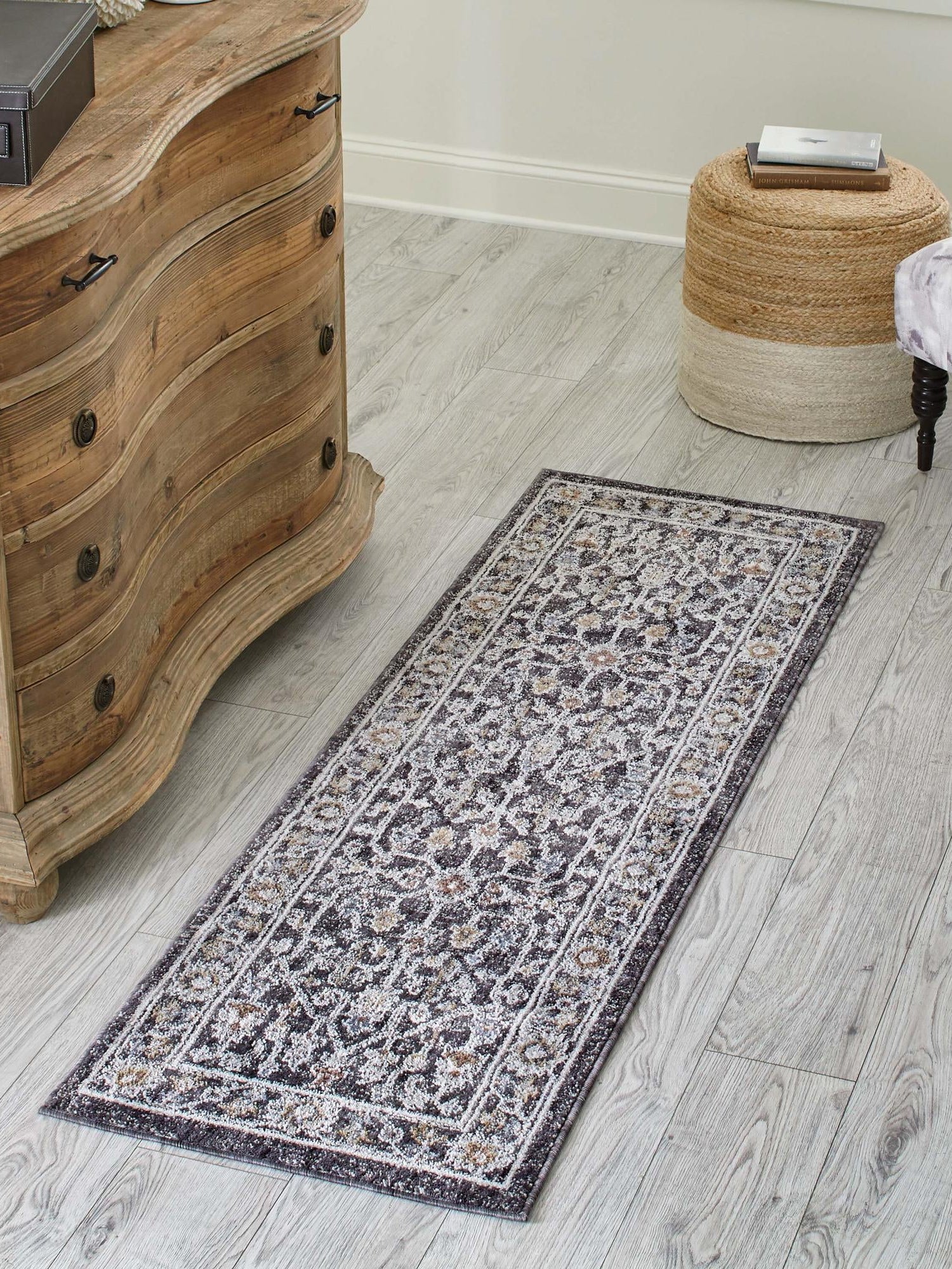 Charcoal Gray 2' 7 x 12' Eco Traditional Runner Area Rug 100% Recycled Space Dyed Polyester With Cotton Backing Classic Pattern Carpet for Living, Dining, Office Space for Sale at Rug Engine