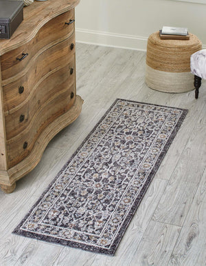 Charcoal Gray 2' 7 x 12' Eco Traditional Runner Area Rug 100% Recycled Space Dyed Polyester With Cotton Backing Classic Pattern Carpet for Living, Dining, Office Space for Sale at Rug Engine