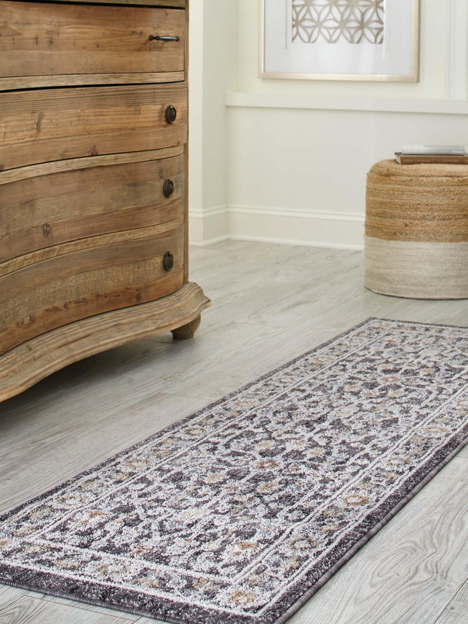 Charcoal Gray 2' 7 x 12' Eco Traditional Runner Area Rug 100% Recycled Space Dyed Polyester With Cotton Backing Classic Pattern Carpet for Living, Dining, Office Space for Sale at Rug Engine