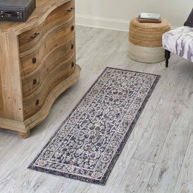 Charcoal Gray 2' x 6' Eco Traditional Runner Area Rug 100% Recycled Space Dyed Polyester With Cotton Backing Classic Pattern Carpet for Living, Dining, Office Space for Sale at Rug Engine