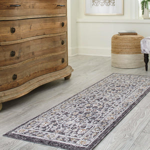 Charcoal Gray 2' x 6' Eco Traditional Runner Area Rug 100% Recycled Space Dyed Polyester With Cotton Backing Classic Pattern Carpet for Living, Dining, Office Space for Sale at Rug Engine