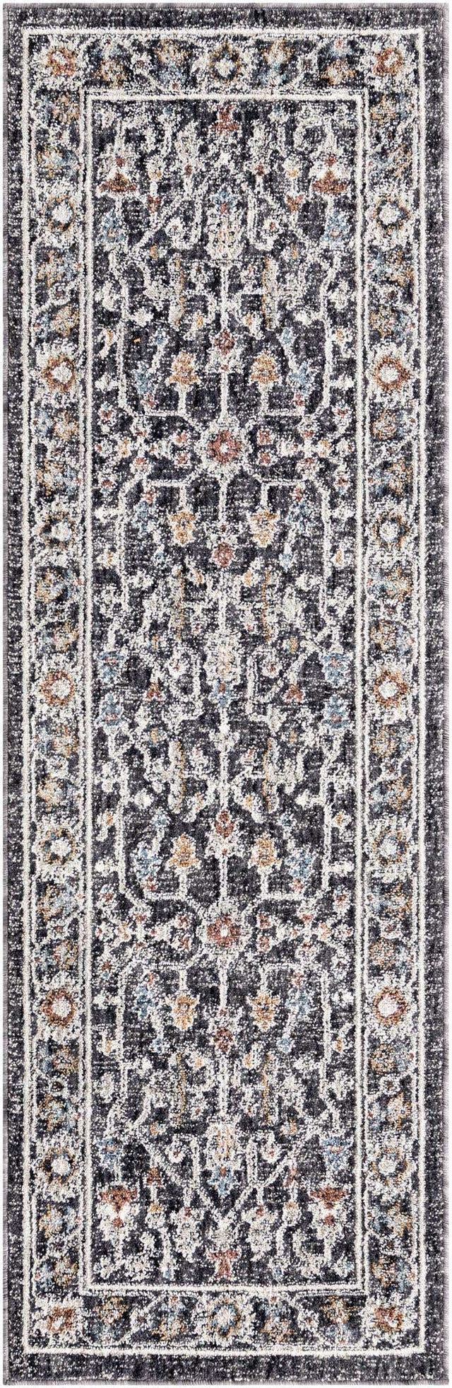 Charcoal Gray 2' x 6' Eco Traditional Runner Area Rug 100% Recycled Space Dyed Polyester With Cotton Backing Classic Pattern Carpet for Living, Dining, Office Space for Sale at Rug Engine