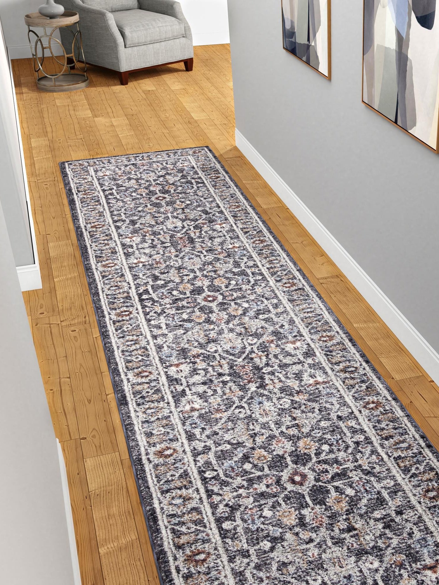 Charcoal Gray 2' x 8' Eco Traditional Runner Area Rug 100% Recycled Space Dyed Polyester With Cotton Backing Classic Pattern Carpet for Living, Dining, Office Space for Sale at Rug Engine