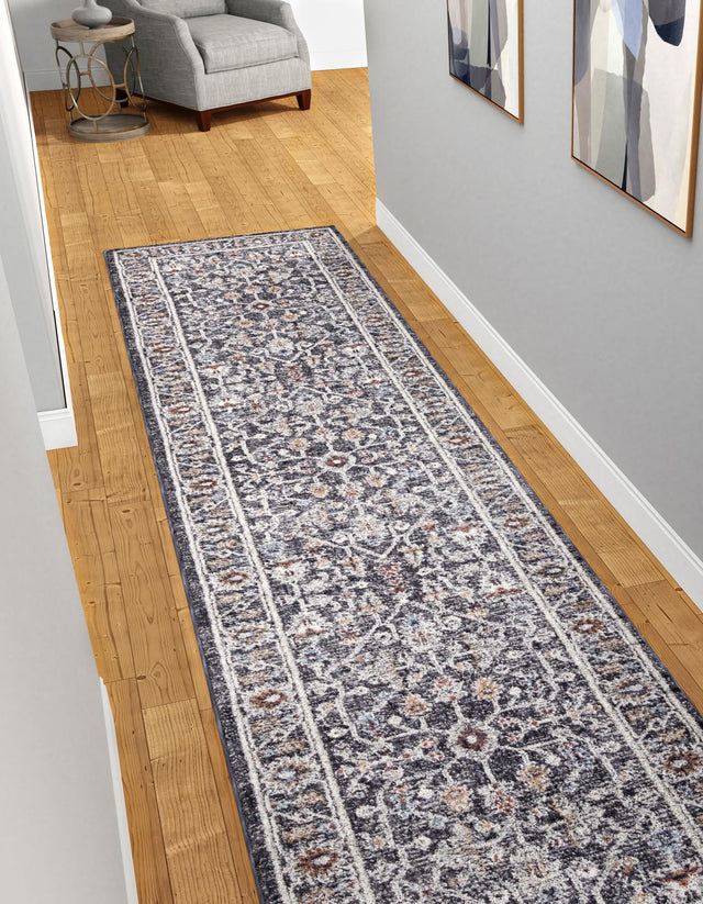 Charcoal Gray 2' x 6' Eco Traditional Runner Area Rug 100% Recycled Space Dyed Polyester With Cotton Backing Classic Pattern Carpet for Living, Dining, Office Space for Sale at Rug Engine