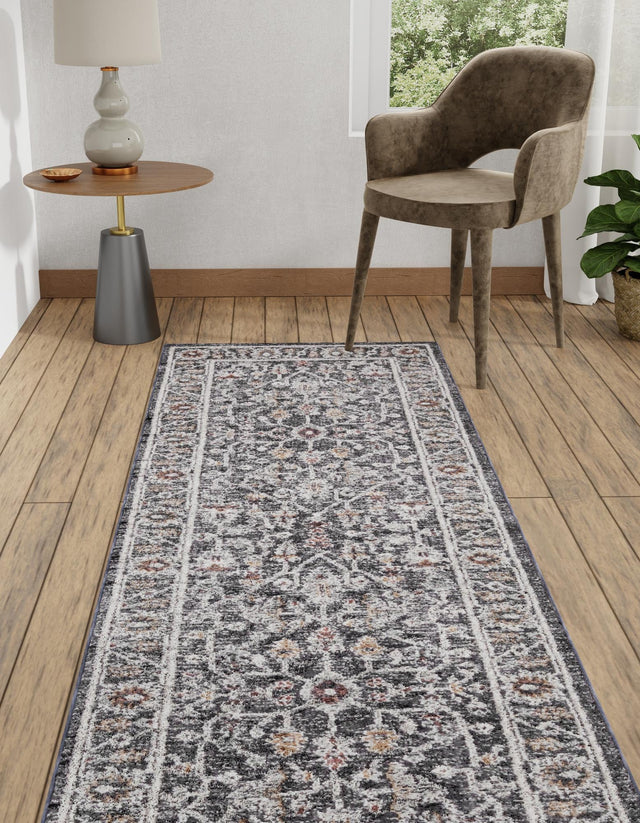 Charcoal Gray 2' 7 x 12' Eco Traditional Runner Area Rug 100% Recycled Space Dyed Polyester With Cotton Backing Classic Pattern Carpet for Living, Dining, Office Space for Sale at Rug Engine