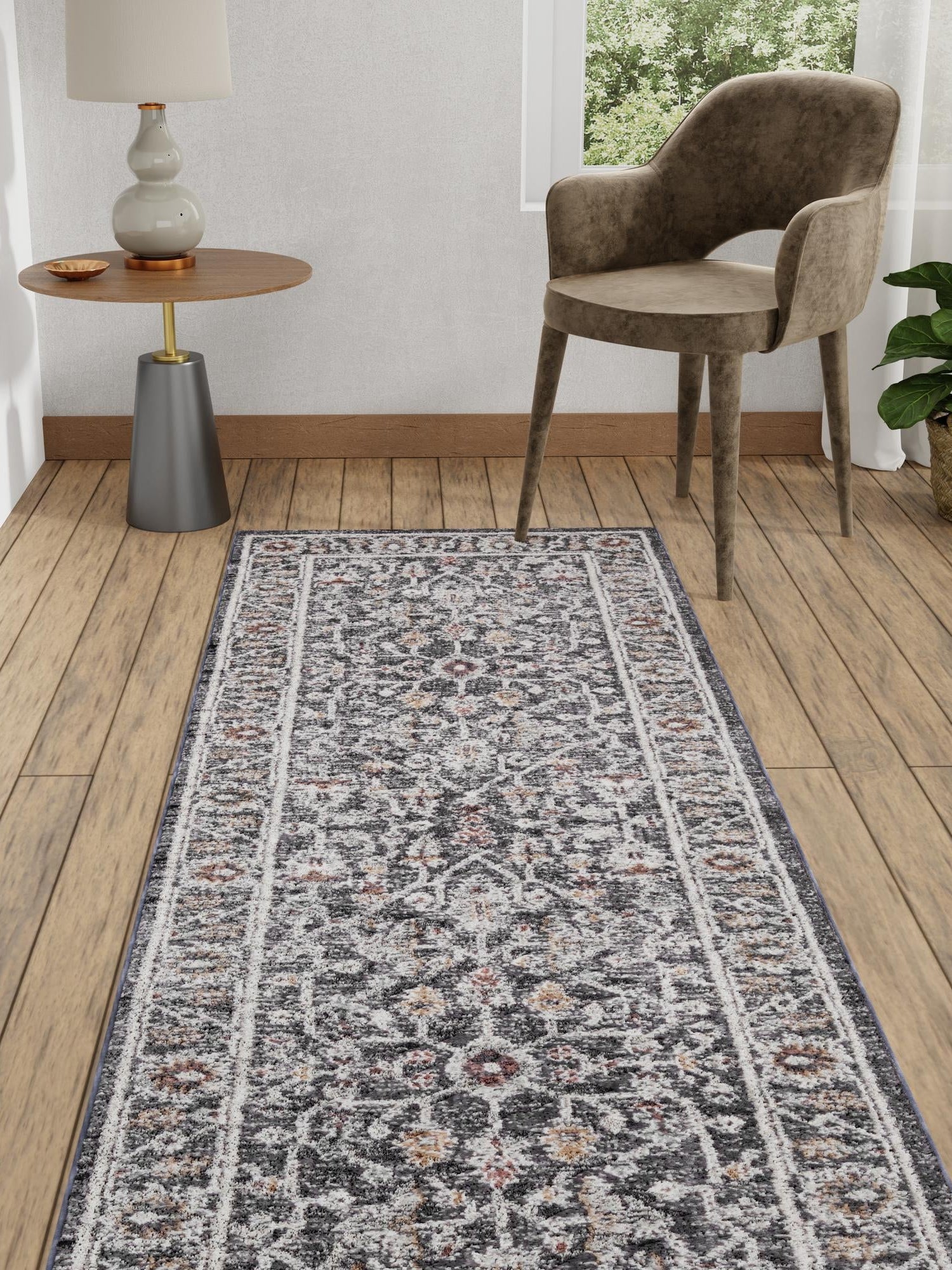 Charcoal Gray 2' x 8' Eco Traditional Runner Area Rug 100% Recycled Space Dyed Polyester With Cotton Backing Classic Pattern Carpet for Living, Dining, Office Space for Sale at Rug Engine