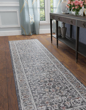 Charcoal Gray 2' x 6' Eco Traditional Runner Area Rug 100% Recycled Space Dyed Polyester With Cotton Backing Classic Pattern Carpet for Living, Dining, Office Space for Sale at Rug Engine
