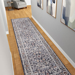 Charcoal Gray 2' x 6' Eco Traditional Runner Area Rug 100% Recycled Space Dyed Polyester With Cotton Backing Classic Pattern Carpet for Living, Dining, Office Space for Sale at Rug Engine