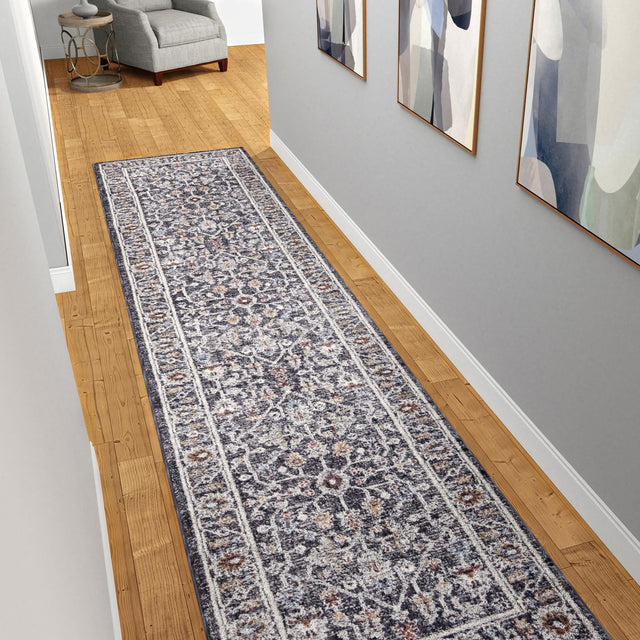 Charcoal Gray 2' x 6' Eco Traditional Runner Area Rug 100% Recycled Space Dyed Polyester With Cotton Backing Classic Pattern Carpet for Living, Dining, Office Space for Sale at Rug Engine