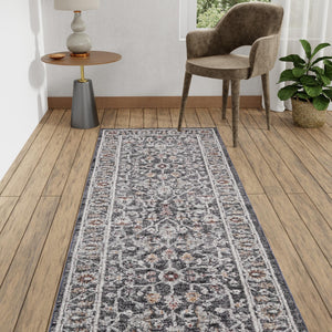 Charcoal Gray 2' x 6' Eco Traditional Runner Area Rug 100% Recycled Space Dyed Polyester With Cotton Backing Classic Pattern Carpet for Living, Dining, Office Space for Sale at Rug Engine