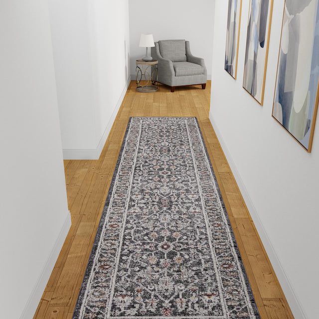 Charcoal Gray 2' x 6' Eco Traditional Runner Area Rug 100% Recycled Space Dyed Polyester With Cotton Backing Classic Pattern Carpet for Living, Dining, Office Space for Sale at Rug Engine