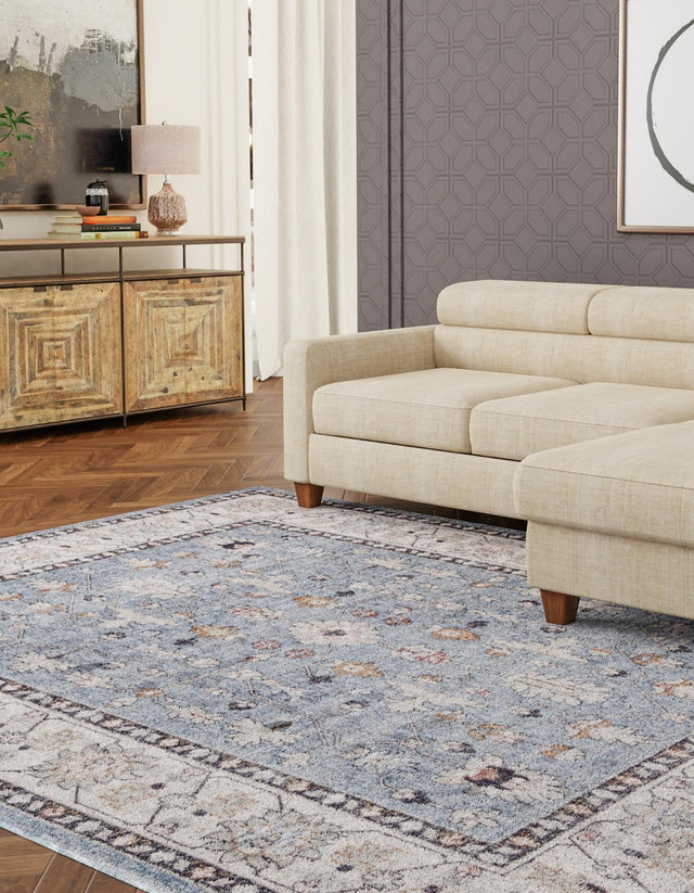 Harbor Blue 4' x 6' Eco Traditional Rectangle Area Rug 100% Recycled Space Dyed Polyester With Cotton Backing Classic Pattern Carpet for Living, Dining, Office Space for Sale at Rug Engine