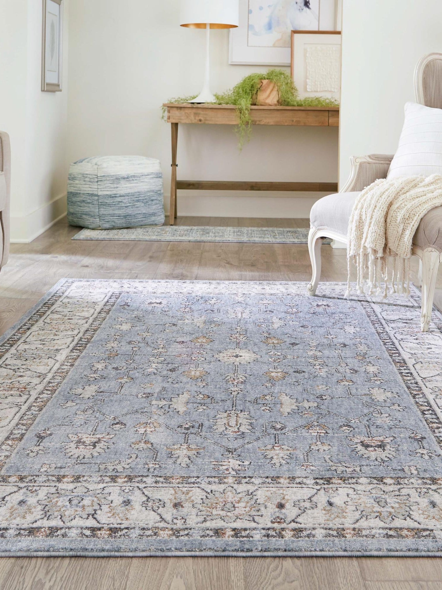 Harbor Blue 4' x 6' Eco Traditional Rectangle Area Rug 100% Recycled Space Dyed Polyester With Cotton Backing Classic Pattern Carpet for Living, Dining, Office Space for Sale at Rug Engine