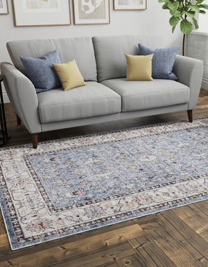 Harbor Blue 7' 10 x 10' Eco Traditional Rectangle Area Rug 100% Recycled Space Dyed Polyester With Cotton Backing Classic Pattern Carpet for Living, Dining, Office Space for Sale at Rug Engine
