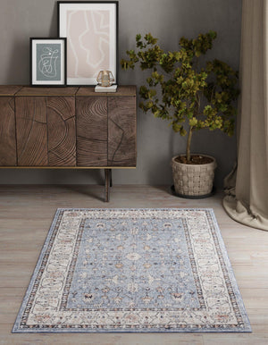 Harbor Blue 7' 10 x 10' Eco Traditional Rectangle Area Rug 100% Recycled Space Dyed Polyester With Cotton Backing Classic Pattern Carpet for Living, Dining, Office Space for Sale at Rug Engine