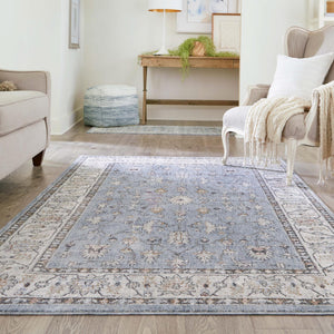Harbor Blue 7' 10 x 10' Eco Traditional Rectangle Area Rug 100% Recycled Space Dyed Polyester With Cotton Backing Classic Pattern Carpet for Living, Dining, Office Space for Sale at Rug Engine