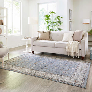 Harbor Blue 7' 10 x 10' Eco Traditional Rectangle Area Rug 100% Recycled Space Dyed Polyester With Cotton Backing Classic Pattern Carpet for Living, Dining, Office Space for Sale at Rug Engine