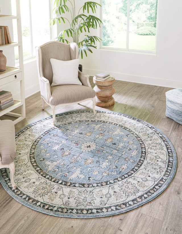 Harbor Blue 3' 3 x 3' 3 Eco Traditional Round Area Rug 100% Recycled Space Dyed Polyester With Cotton Backing Classic Pattern Carpet for Living, Dining, Office Space for Sale at Rug Engine