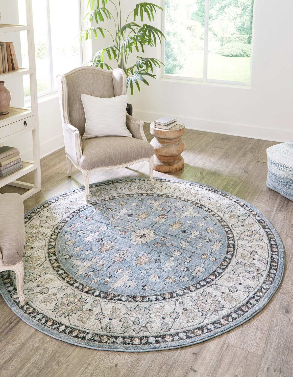 Harbor Blue 7' x 7' Eco Traditional Round Area Rug 100% Recycled Space Dyed Polyester With Cotton Backing Classic Pattern Carpet for Living, Dining, Office Space for Sale at Rug Engine