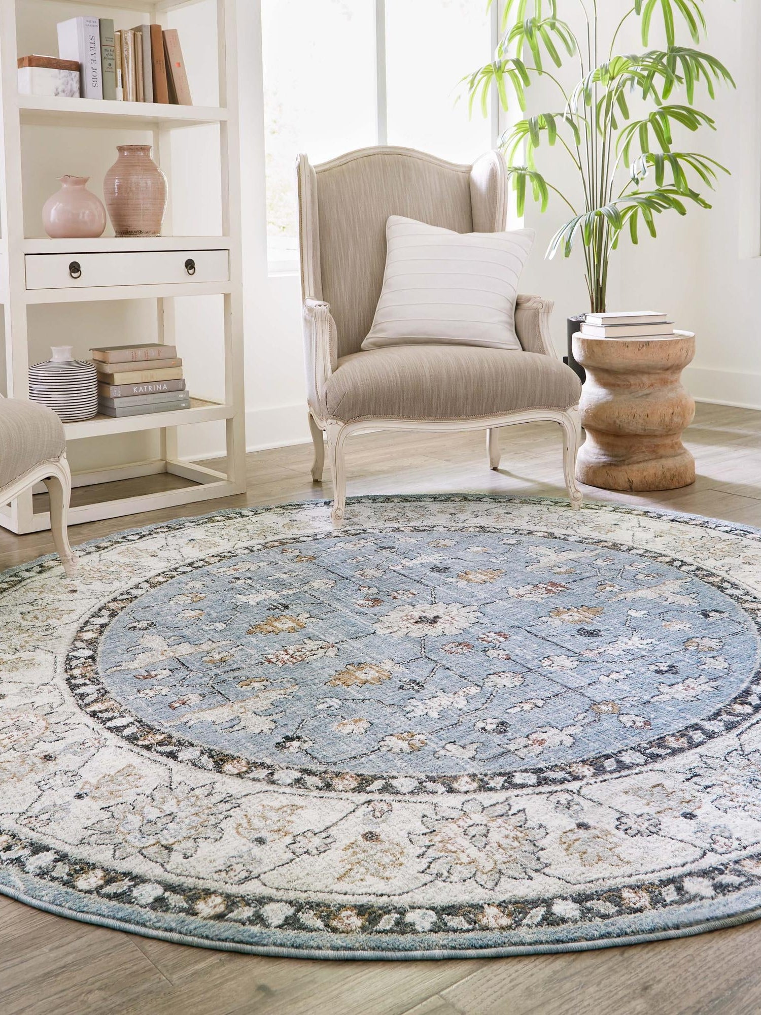 Harbor Blue 3' 3 x 3' 3 Eco Traditional Round Area Rug 100% Recycled Space Dyed Polyester With Cotton Backing Classic Pattern Carpet for Living, Dining, Office Space for Sale at Rug Engine