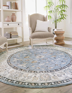 Harbor Blue 3' 3 x 3' 3 Eco Traditional Round Area Rug 100% Recycled Space Dyed Polyester With Cotton Backing Classic Pattern Carpet for Living, Dining, Office Space for Sale at Rug Engine