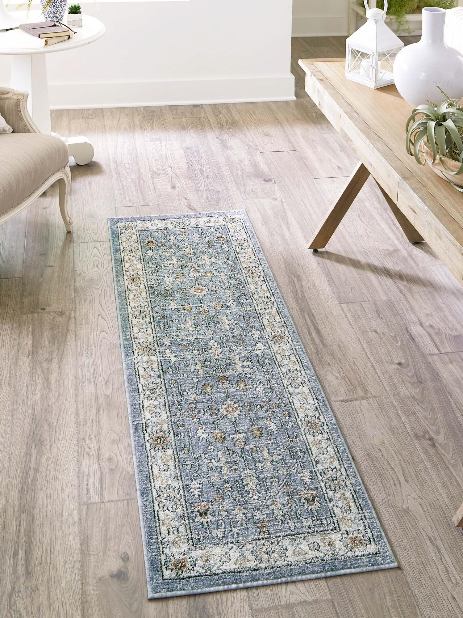 Harbor Blue 2' 7 x 12' Eco Traditional Runner Area Rug 100% Recycled Space Dyed Polyester With Cotton Backing Classic Pattern Carpet for Living, Dining, Office Space for Sale at Rug Engine