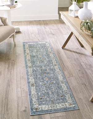 Harbor Blue 2' 7 x 12' Eco Traditional Runner Area Rug 100% Recycled Space Dyed Polyester With Cotton Backing Classic Pattern Carpet for Living, Dining, Office Space for Sale at Rug Engine
