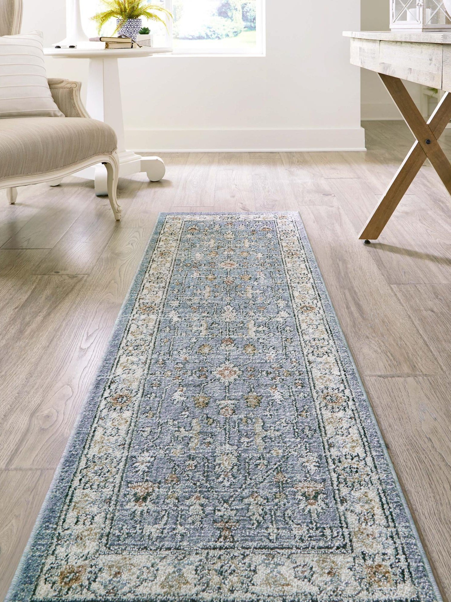 Harbor Blue 2' 7 x 12' Eco Traditional Runner Area Rug 100% Recycled Space Dyed Polyester With Cotton Backing Classic Pattern Carpet for Living, Dining, Office Space for Sale at Rug Engine