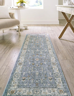 Harbor Blue 2' 7 x 12' Eco Traditional Runner Area Rug 100% Recycled Space Dyed Polyester With Cotton Backing Classic Pattern Carpet for Living, Dining, Office Space for Sale at Rug Engine