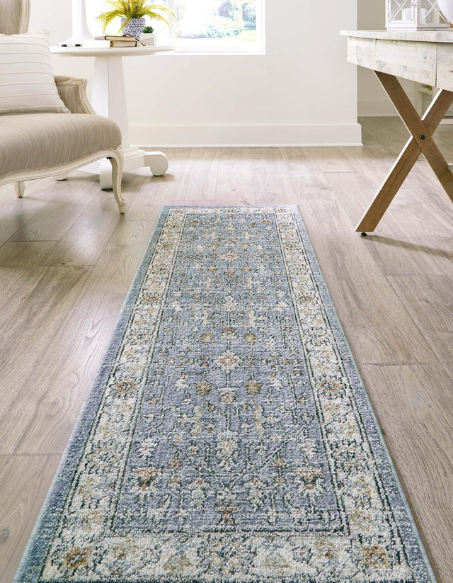 Harbor Blue 2' 7 x 12' Eco Traditional Runner Area Rug 100% Recycled Space Dyed Polyester With Cotton Backing Classic Pattern Carpet for Living, Dining, Office Space for Sale at Rug Engine