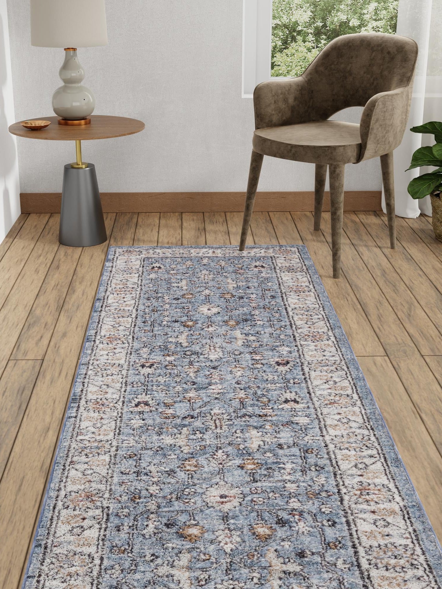 Harbor Blue 2' 7 x 12' Eco Traditional Runner Area Rug 100% Recycled Space Dyed Polyester With Cotton Backing Classic Pattern Carpet for Living, Dining, Office Space for Sale at Rug Engine