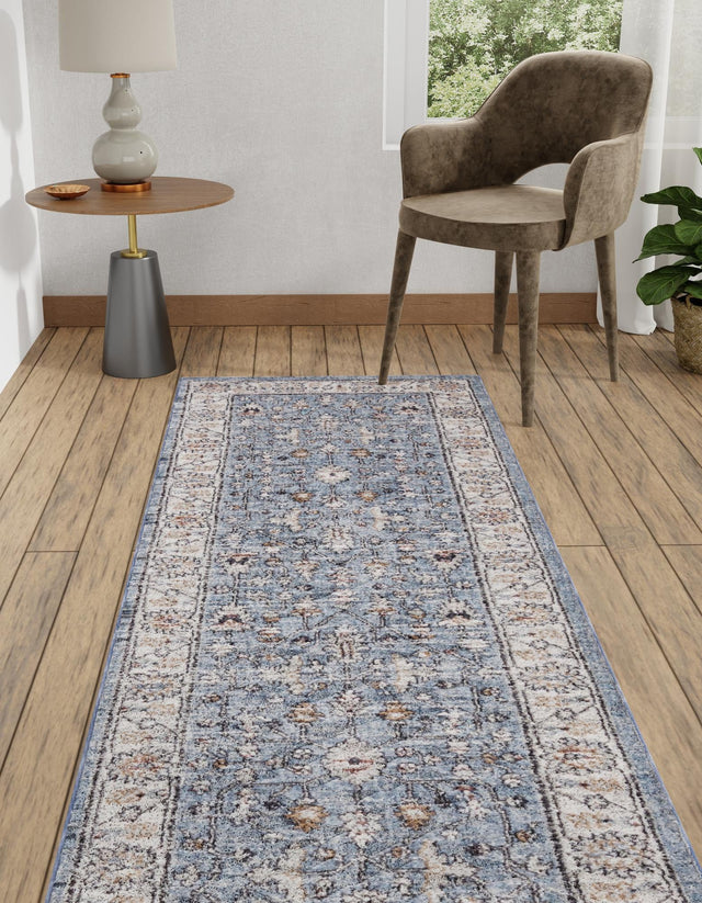 Harbor Blue 2' 7 x 12' Eco Traditional Runner Area Rug 100% Recycled Space Dyed Polyester With Cotton Backing Classic Pattern Carpet for Living, Dining, Office Space for Sale at Rug Engine
