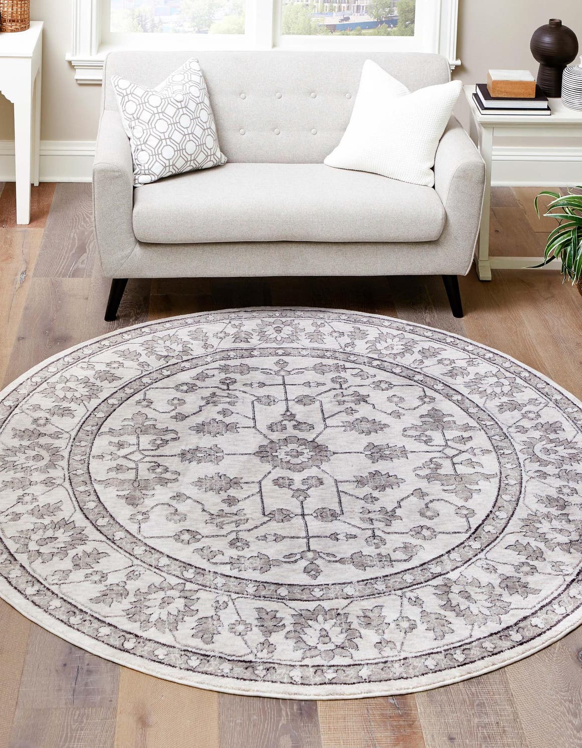 Ivory 7' x 7' Eco Traditional Round Area Rug 100% Recycled Space Dyed Polyester With Cotton Backing Classic Pattern Carpet for Living, Dining, Office Space for Sale at Rug Engine