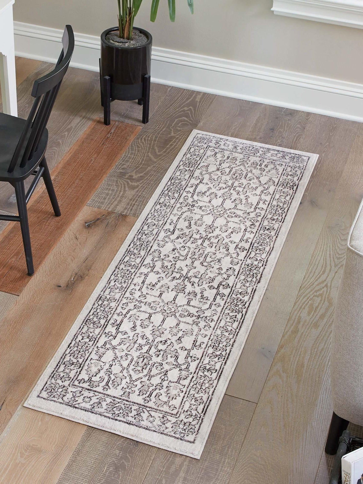 Ivory 2' x 8' Eco Traditional Runner Area Rug 100% Recycled Space Dyed Polyester With Cotton Backing Classic Pattern Carpet for Living, Dining, Office Space for Sale at Rug Engine