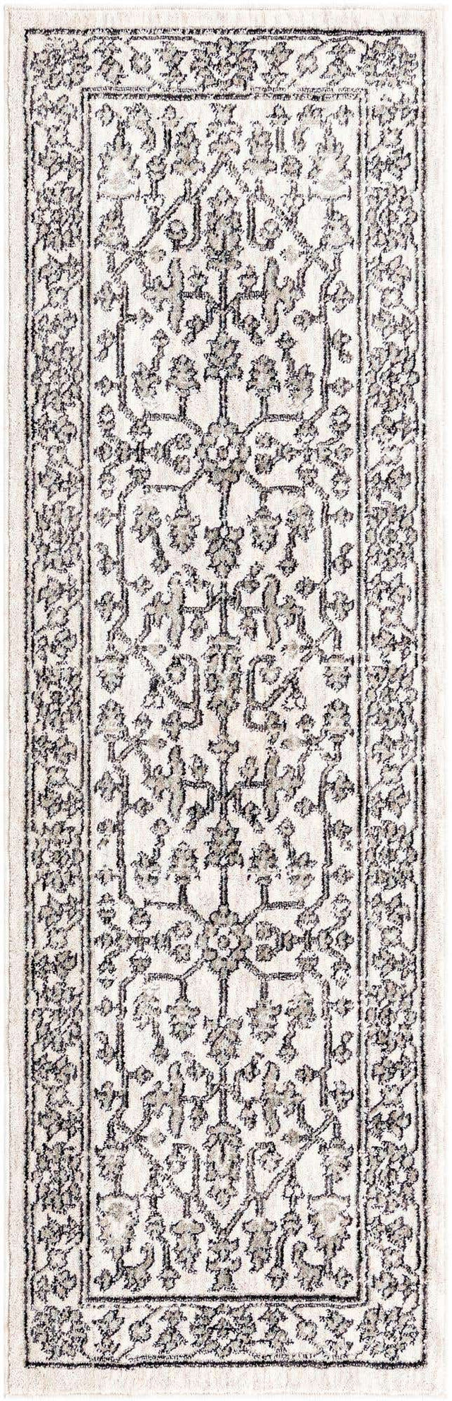 Ivory 2' x 6' Eco Traditional Runner Area Rug 100% Recycled Space Dyed Polyester With Cotton Backing Classic Pattern Carpet for Living, Dining, Office Space for Sale at Rug Engine