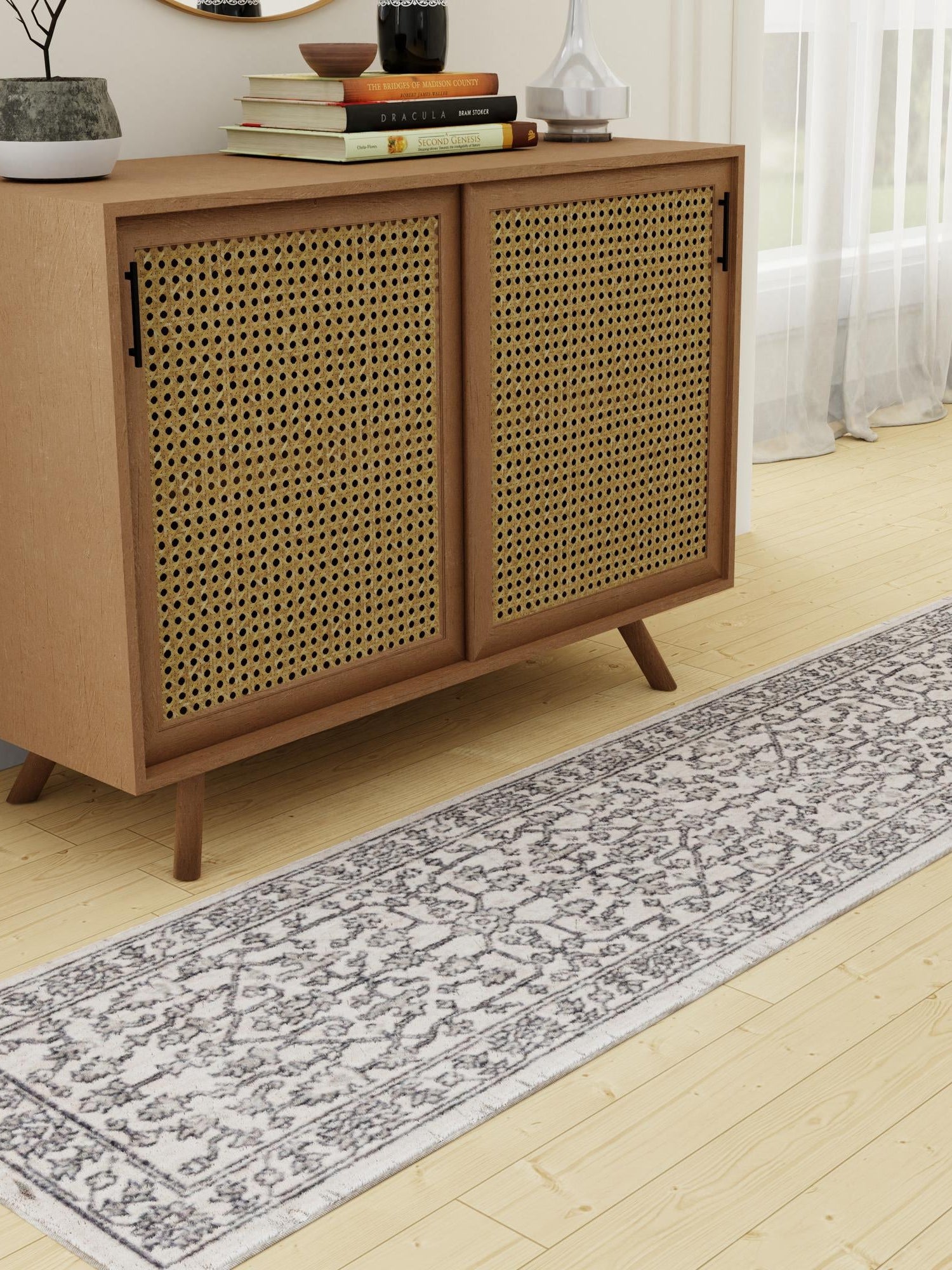 Ivory 2' x 8' Eco Traditional Runner Area Rug 100% Recycled Space Dyed Polyester With Cotton Backing Classic Pattern Carpet for Living, Dining, Office Space for Sale at Rug Engine