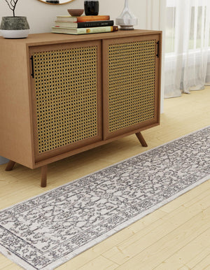 Ivory 2' x 8' Eco Traditional Runner Area Rug 100% Recycled Space Dyed Polyester With Cotton Backing Classic Pattern Carpet for Living, Dining, Office Space for Sale at Rug Engine