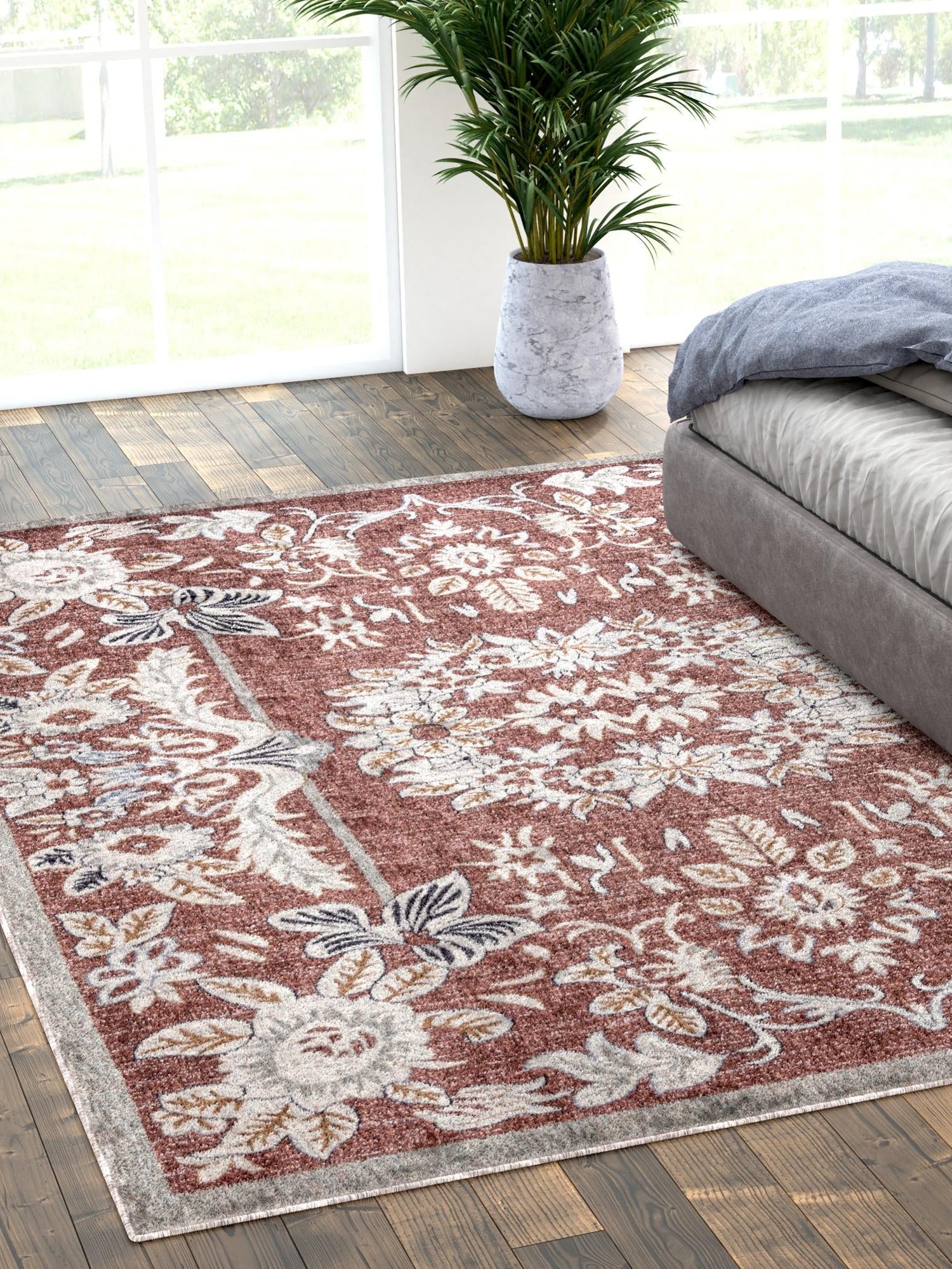 Dusty Rose 5' 3 x 8' Eco Traditional Rectangle Area Rug 100% Recycled Space Dyed Polyester With Cotton Backing Classic Pattern Carpet for Living, Dining, Office Space for Sale at Rug Engine