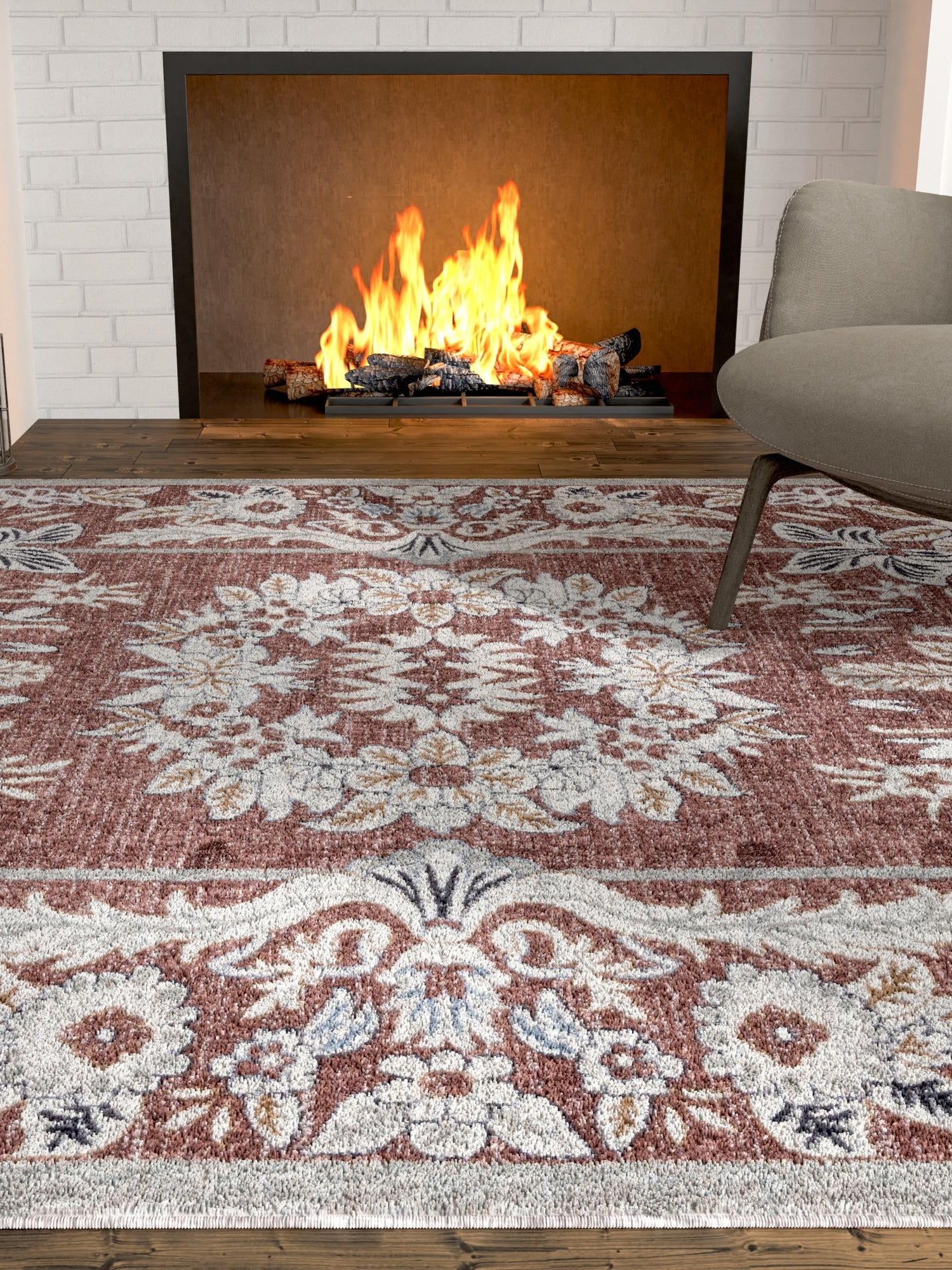 Dusty Rose 5' 3 x 8' Eco Traditional Rectangle Area Rug 100% Recycled Space Dyed Polyester With Cotton Backing Classic Pattern Carpet for Living, Dining, Office Space for Sale at Rug Engine