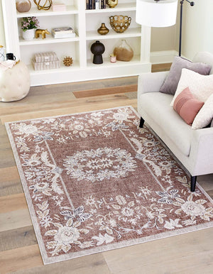 Dusty Rose 5' 3 x 8' Eco Traditional Rectangle Area Rug 100% Recycled Space Dyed Polyester With Cotton Backing Classic Pattern Carpet for Living, Dining, Office Space for Sale at Rug Engine