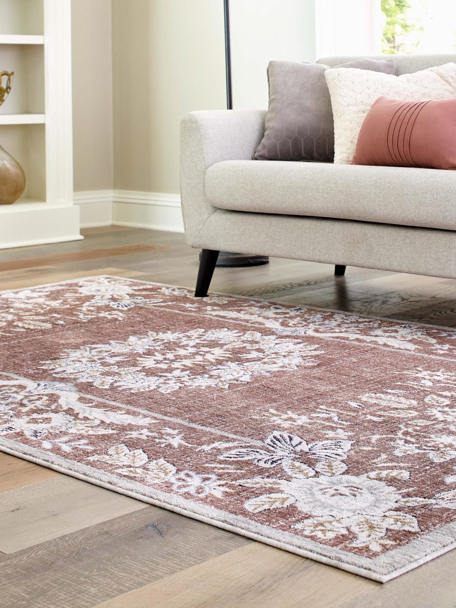 Dusty Rose 5' 3 x 8' Eco Traditional Rectangle Area Rug 100% Recycled Space Dyed Polyester With Cotton Backing Classic Pattern Carpet for Living, Dining, Office Space for Sale at Rug Engine