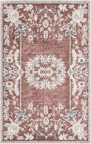Dusty Rose 5' 3 x 8' Eco Traditional Rectangle Area Rug 100% Recycled Space Dyed Polyester With Cotton Backing Classic Pattern Carpet for Living, Dining, Office Space for Sale at Rug Engine