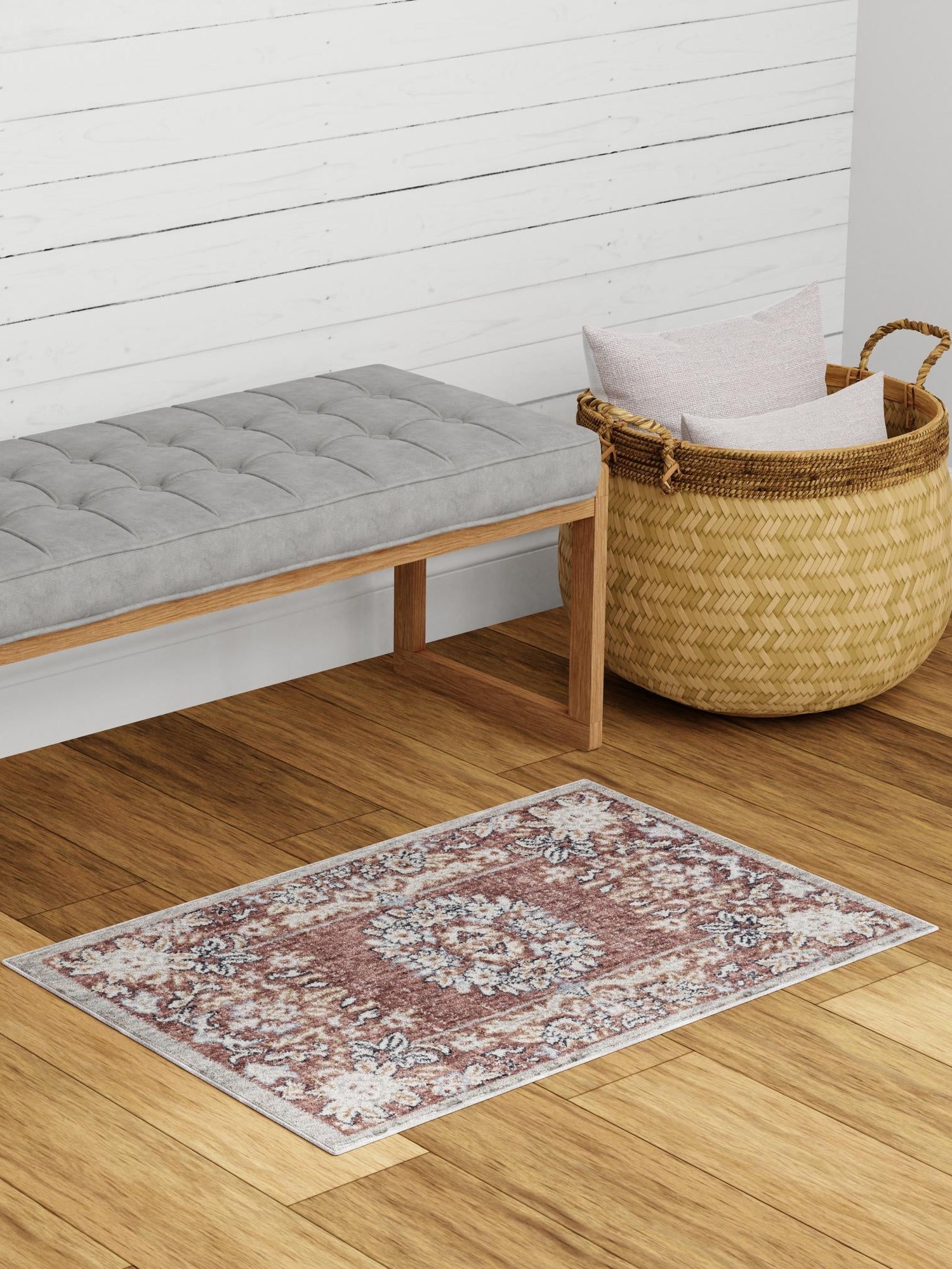 Dusty Rose 5' 3 x 8' Eco Traditional Rectangle Area Rug 100% Recycled Space Dyed Polyester With Cotton Backing Classic Pattern Carpet for Living, Dining, Office Space for Sale at Rug Engine